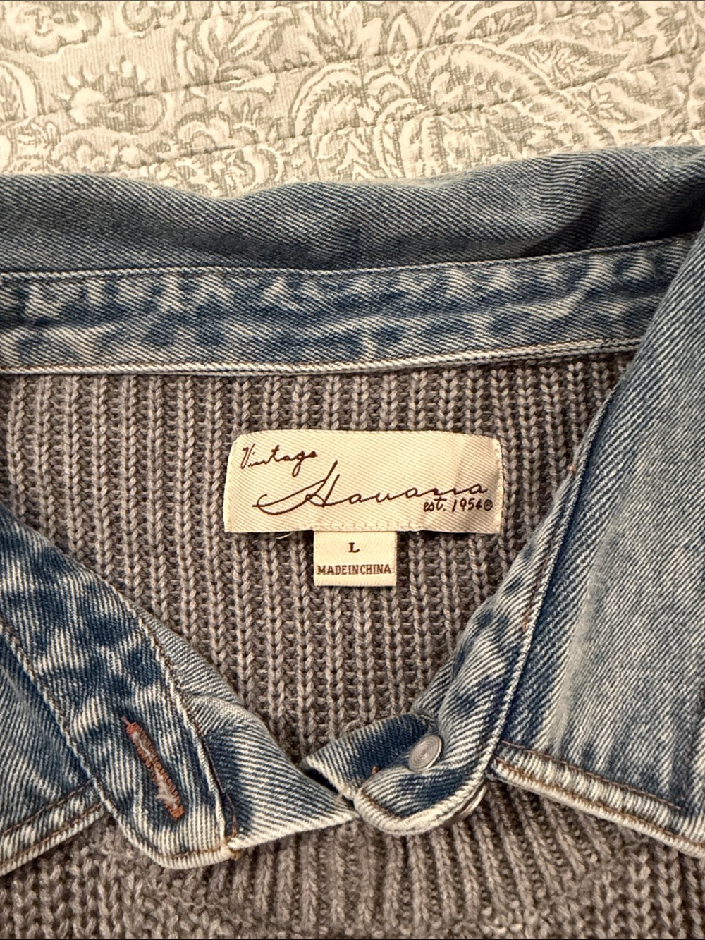 Vintage Havana Gray Ribbed Crewneck Sweater with Denim Collar & Cuffs Size L NWT - Picture 2 of 12